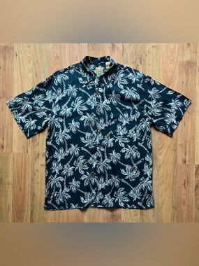 Jos A Bank Silk Black Hawaiian Beige Palm Trees short Sleeve Mens Medium Shirt